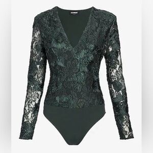 Express Green Lace Embroidered Emerald Green Floral Long Sleeve Thong Bodysuit